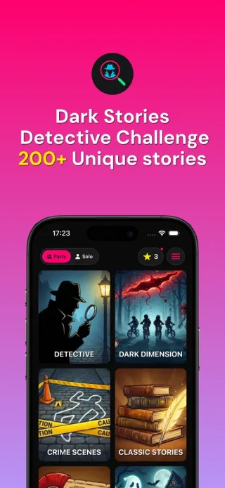 Écran d'accueil de l'application YONQI Dark Stories affichant 8 catégories d'énigmes