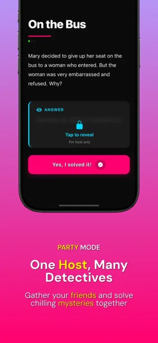 Interface du mode fête avec un maître de jeu et des détectives posant des questions oui-non